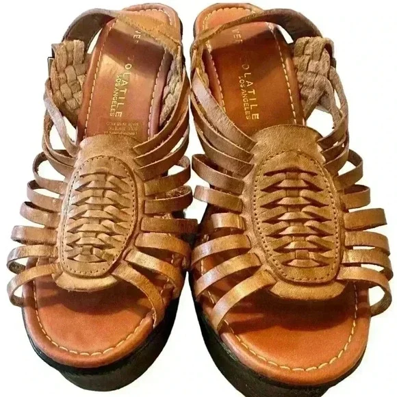 Very Volatile Los Angeles Brown Leather Huaraches Style Wedge Heel Sandals 10 - Picture 4 of 7